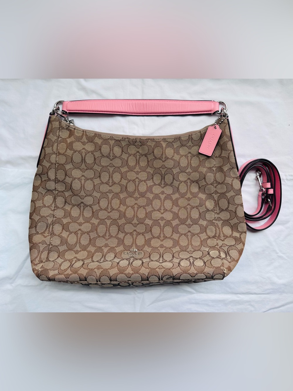 Coach Brown Signature Canvas Shoulder Bag with Pink Trim